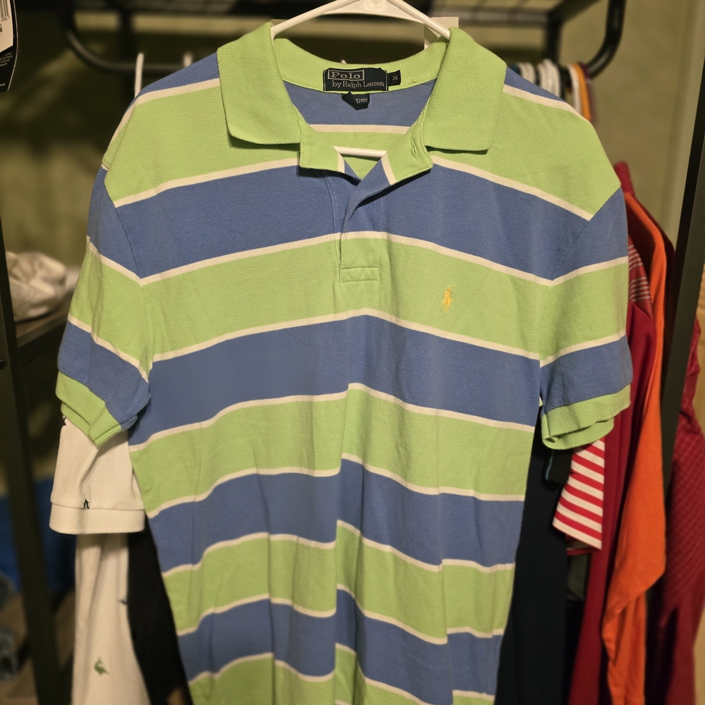 Polo by Ralph Lauren Men's Blue and Green Striped Polo Like New